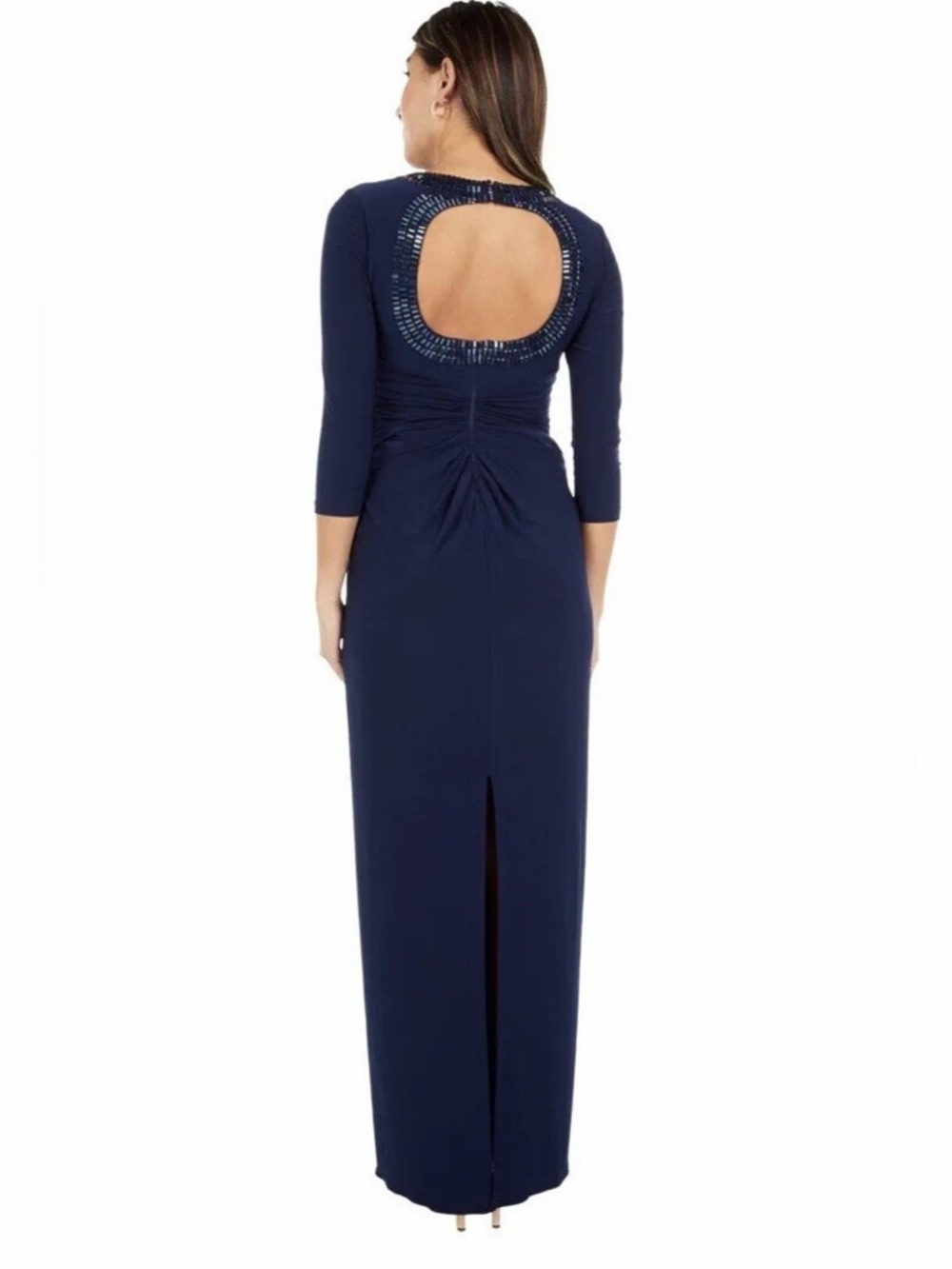 Adrianna Papell Navy Beaded Embellished Neck Gown Twist Waist Keyhole Back 14 - Picture 6 of 16